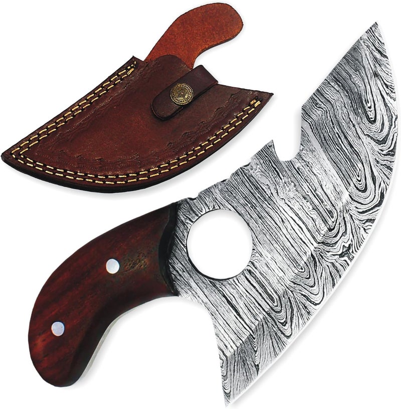SHARDBLADE Alaskan Ulu With Sheath, Handmade 6.3" Damascus Steel Pizza Cutter Rocker With Wooden Handle, Premium Food Salad Chopper With Bottle Opener, Traditional Inuit Eskimo Knife - Image 1